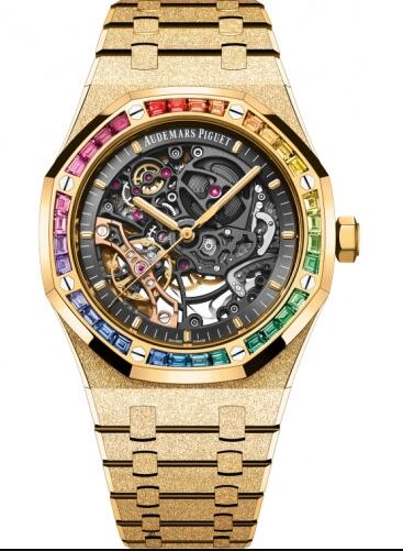 Replica Audemars Piguet Royal Oak 41 Double Balance Wheel Openworked Frosted Yellow Gold Rainbow Watch 15412BA.YG.1224BA.01