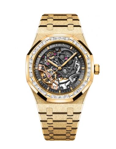 Audemars Piguet Royal Oak 41 Double Balance Wheel Openworked Frosted Yellow Gold Baguette Replica Watch 15412BA.ZG.1224BA.01