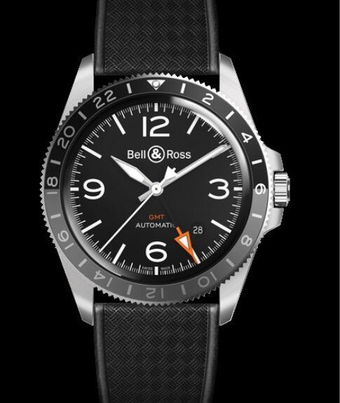 Replica Bell and Ross Watch BR V2-93 GMT VINTAGE BRV293-BL-ST/SRB Steel - Black Dial - Rubber Strap