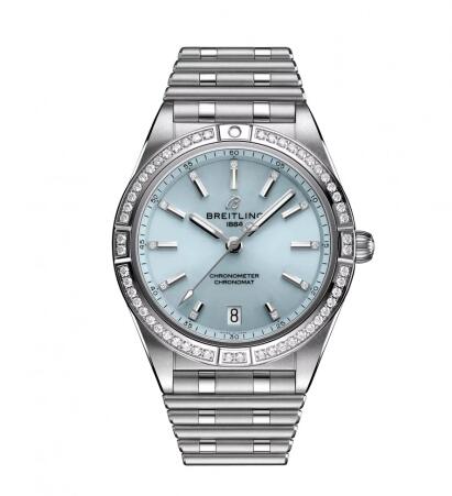 Replica Breitling Chronomat Automatic 36 Stainless Steel White Gold Diamond Ice Blue Bracelet Watch G10380591C1G1