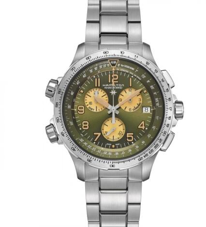 Replica Hamilton Khaki Aviation X-Wind GMT Chrono Quartz Stainless Steel Green Bracelet Watch H77932160