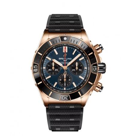 Breitling Super Chronomat B01 44 Red Gold Blue Rubber Rouleaux Replica Watch RB01362A1C1S1
