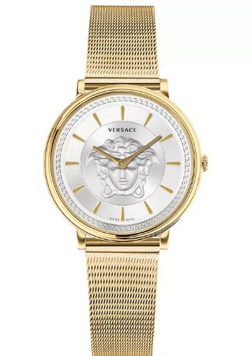 Replica Versace Women's Swiss V-Circle Gold Ion-Plated Stainless Steel Mesh Bracelet Watch 38mm