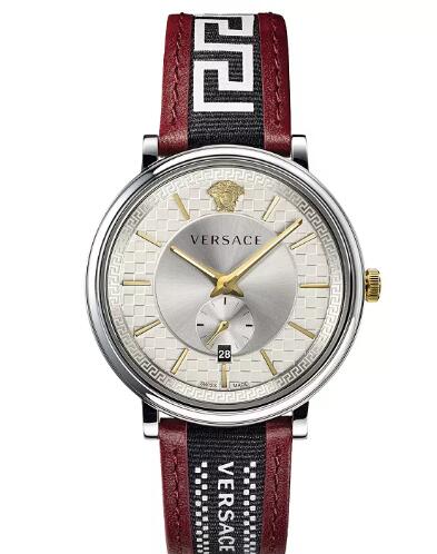 Replica Versace Men's Swiss V Circle Greca Edition Burgundy Leather Strap Watch 42mm