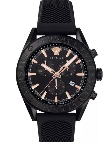 Replica Versace Men's Swiss V-Chrono Black Silicone Strap Watch 44mm